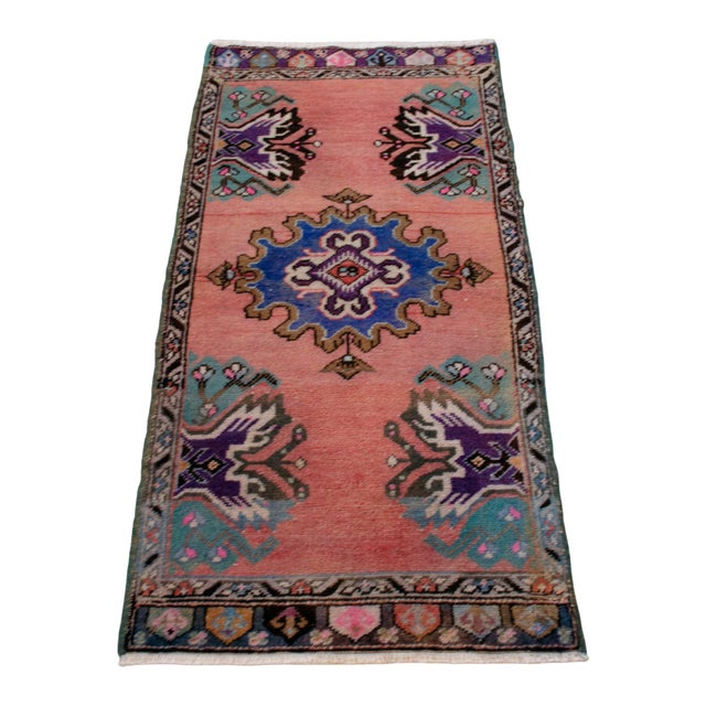 1970s 1970s Front of Kitchen Sink Rug Hand Made Small Turkish Rug Bath Mat Faded Mini Rugs 1'8" X 3'6" For Sale - Image 5 of 9