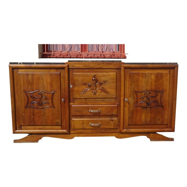 Large Vintage Sideboard in Walnut and Black Marble, 1950s For Sale