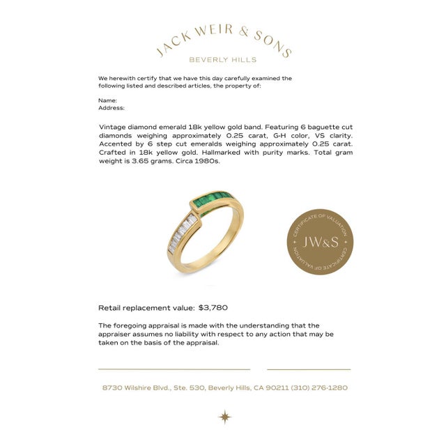 Metal Vintage Diamond Emerald 18k Yellow Gold Band, Size 6.5 For Sale - Image 7 of 7