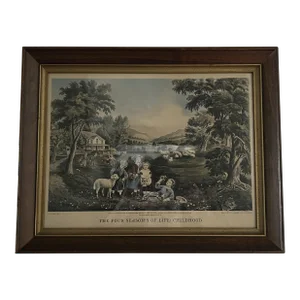 Antique Lithograph Currier & Ives Seasons of Life: Childhood
