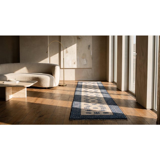 Textile Stupefying Antique White Ground Color and Blue Border With Symbols Chinese Peking Rug For Sale - Image 7 of 8