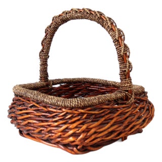 Vintage Woven Willow Basket With Wrapped Arched Handle For Sale