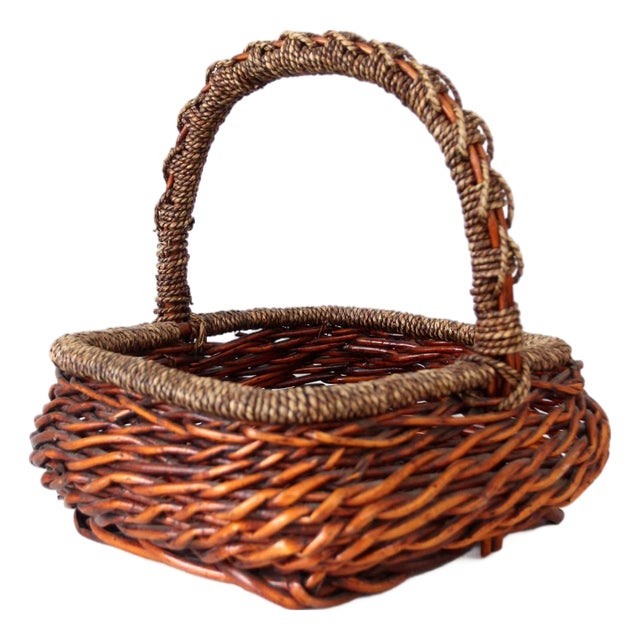 Vintage Woven Willow Basket With Wrapped Arched Handle For Sale