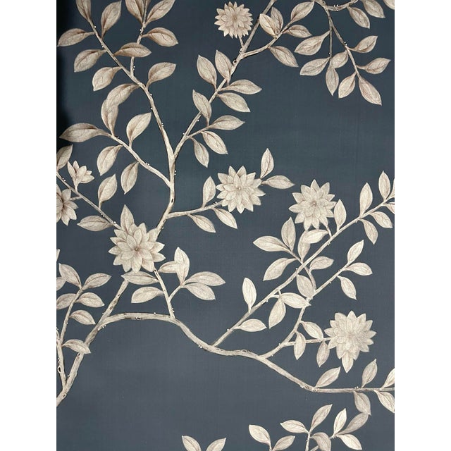 Custom Hand-Painted Mural | Chinoiserie Navy Floral Tree Bird Wallpaper Covering For Sale - Image 9 of 10