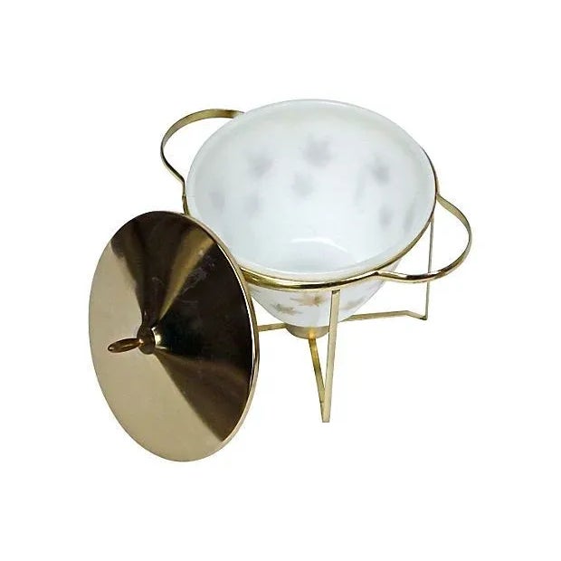 Vintage; 1960s, Mid-Century Modern, round, chafing dish warmer with milk glass casserole bowl and brass domed lid. One...