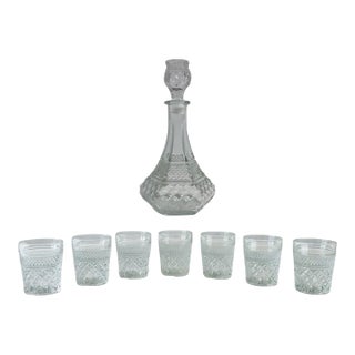 Vintage Anchor Hocking Wexford Decanter & 7 Rocks Glasses-Barware-Whiskey Set For Sale