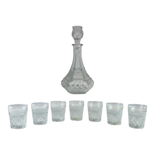 Vintage Anchor Hocking Wexford Decanter & 7 Rocks Glasses-Barware-Whiskey Set For Sale