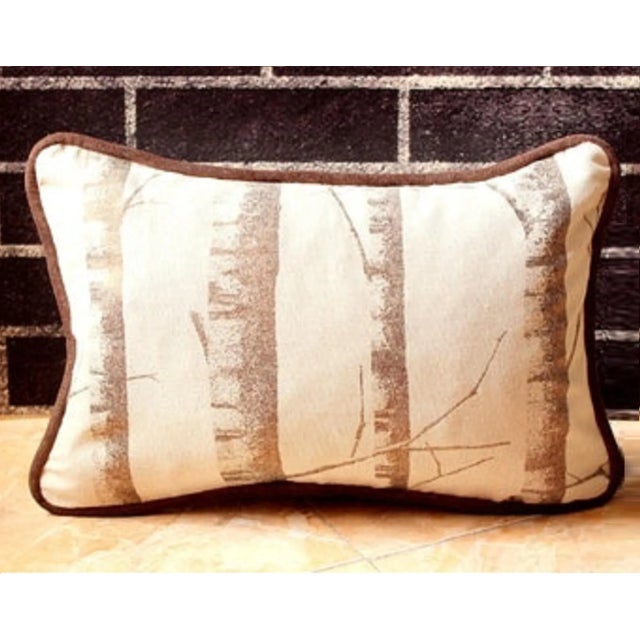 2000s Woods Print Linen Lumbar Pillow Cover With Velvet Piping – a Pair For Sale - Image 6 of 13