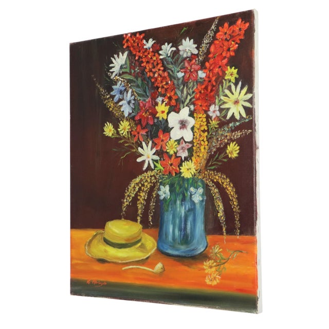 R. Aerdbeyde, Flowers with Hat, 1970s, Painting on Canvas For Sale - Image 4 of 12
