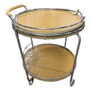 Vintage French Mid-Century Chrome & Wood Two-Tier Bar Cart With Removable Tray For Sale