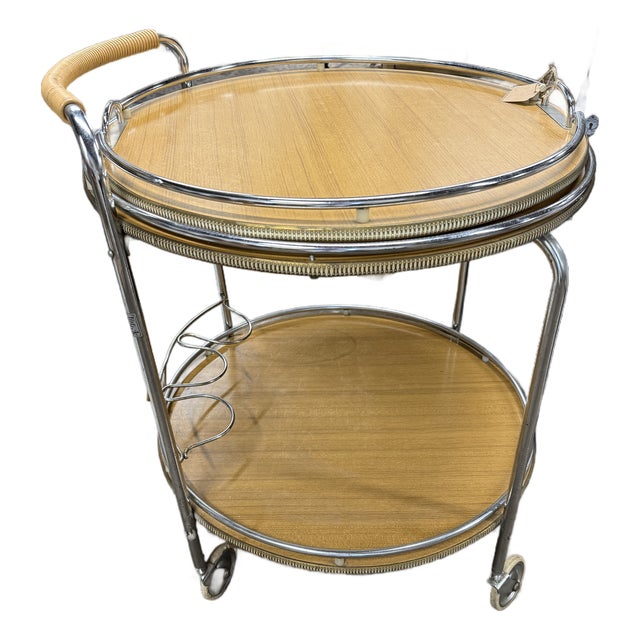 Vintage French Mid-Century Chrome & Wood Two-Tier Bar Cart With Removable Tray For Sale