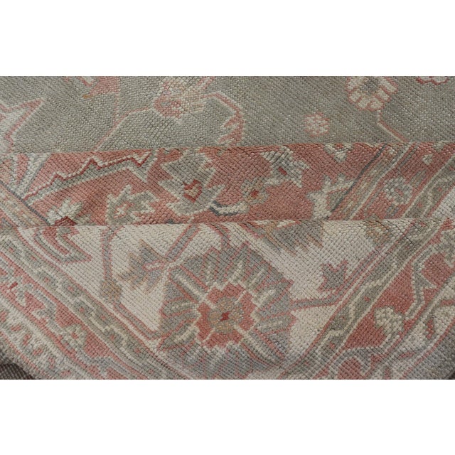 Large Antique Turkish Oushak With Medallion in Green and Pink 13'4 X 16'4 For Sale - Image 11 of 12