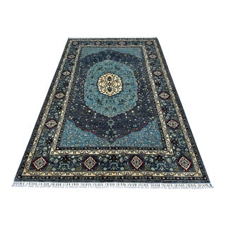 Charcoal Blue Persian Tabriz Medallion Hand-Knotted Wool Rug - 6'6" X 9'9 For Sale