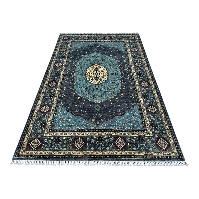 Charcoal Blue Persian Tabriz Medallion Hand-Knotted Wool Rug - 6'6" X 9'9 For Sale