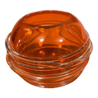 Vintage Murano Style Orange Art Glass Bowl – Sculptural Swirl Ribbed Centerpiece For Sale