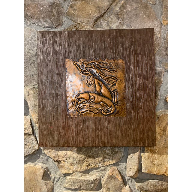 Mid-Century Modern Pair of MCM Copper Tone Repoussé Panther Panels | Mounted on Wood Board For Sale - Image 3 of 12