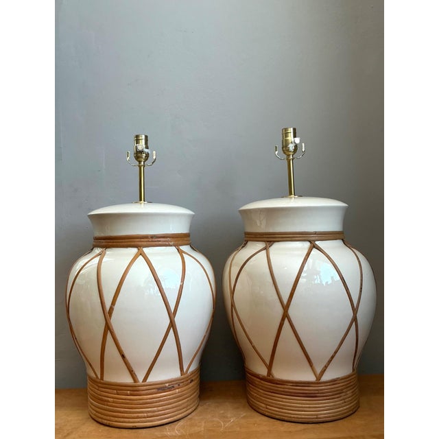 Vintage Ceramic and Rattan Table Lamps - Pair For Sale - Image 12 of 14