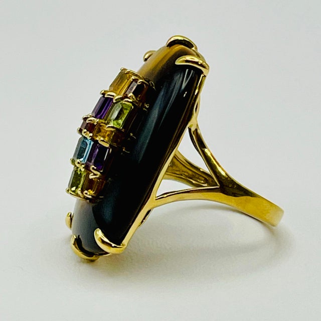 Mid-Century Modern Massive Tiger's Eye & Multi-Gemstone Rainbow Cocktail Ring Sterling Silver Gold Vermeil - Size 9 For Sale - Image 3 of 11
