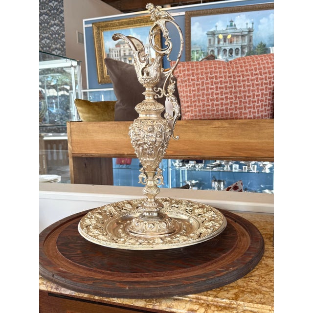 Metal Monumental Silvered Metal Figural Ewer & Underplate With Classical Relief Decoration For Sale - Image 7 of 11