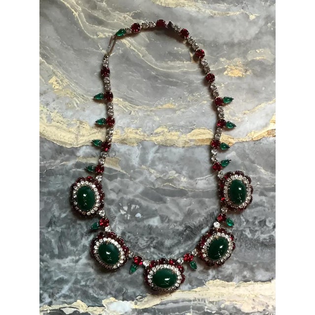 Black Vintage Red and Green Rhinestone Necklace For Sale - Image 8 of 12