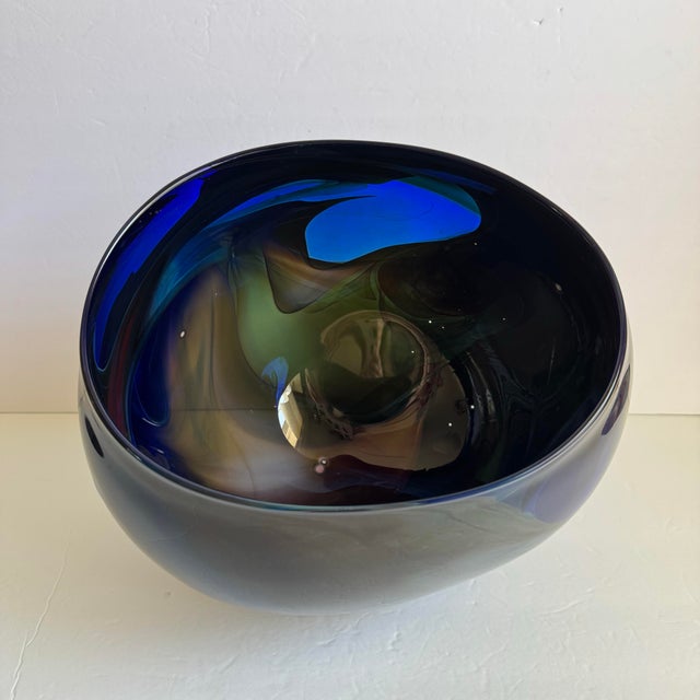 Vintage Blue Art Glass Vase Organic Bowl XL Center Piece Red Green Swirl For Sale - Image 4 of 11