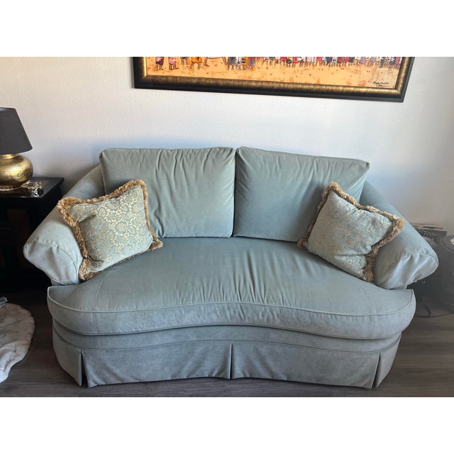 Robin's Egg Blue Ethan Allen Paris Loveseat With Cushions For Sale - Image 8 of 9