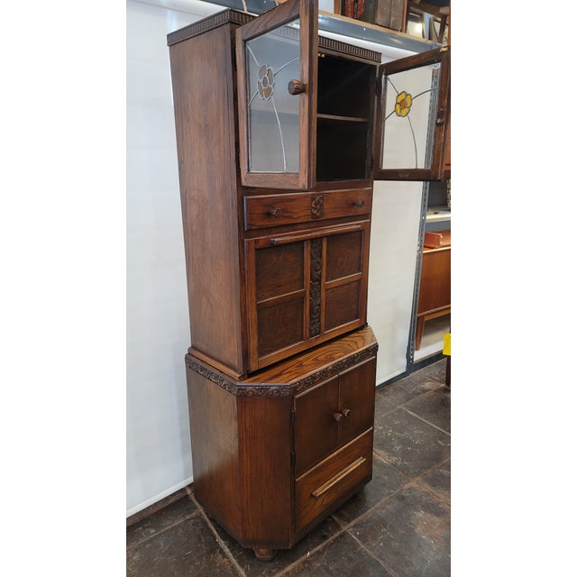 Antique Maidsaver Lusty Hoosier Kitchen Cabinet Carved Oak With Stained Glass Doors For Sale - Image 10 of 12