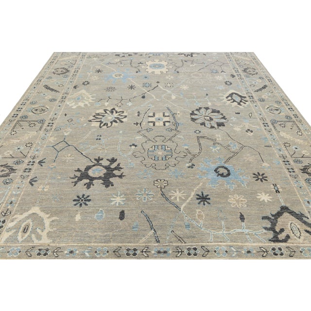 Modern Oushak Style Hand-Knotted Wool Rug – Floral Design in Sage & Slate 9x12 For Sale - Image 9 of 10