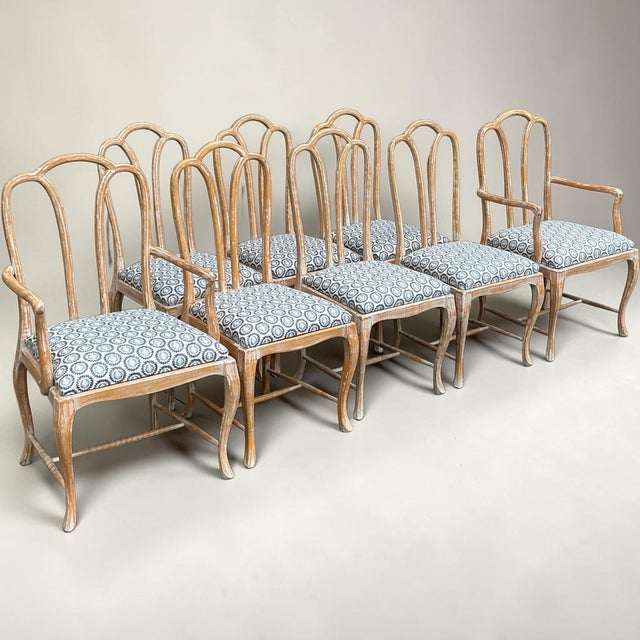 Gustavian Style Cerused Dining Chairs in New Blue & White Linen Set of 8 For Sale - Image 18 of 18
