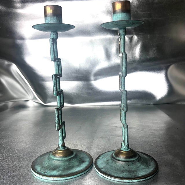 Vintage Brass Verdigris Candle Holders in the Manner of James Mont- Set of 2 For Sale - Image 4 of 9
