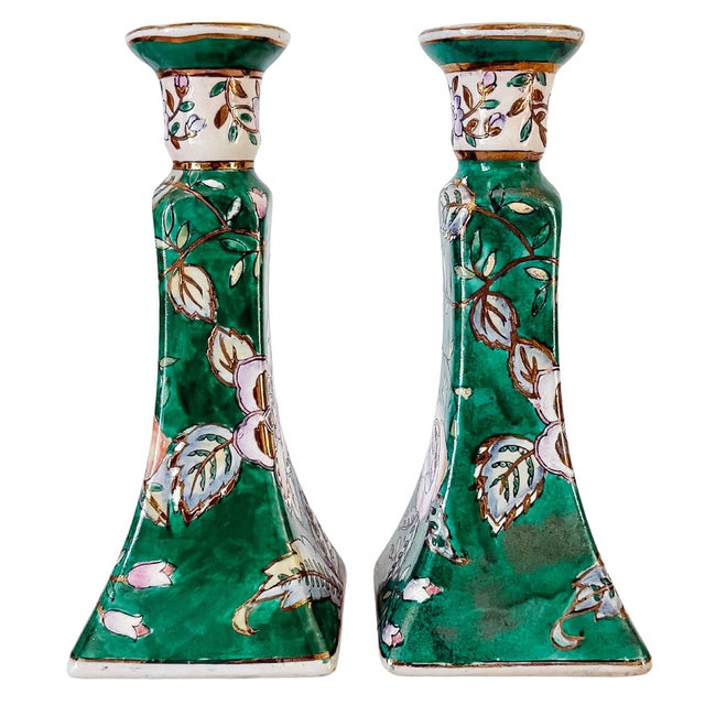 Chinoiserie Vintage Chinese Famille Verte Floral Porcelain Candlesticks - A Pair For Sale - Image 3 of 10