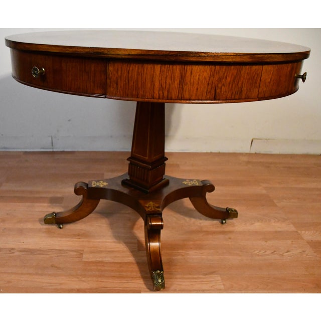 Wood 19th English Regency Rosewood Center Accent Table Brass Inlaid Top 2 Drawers For Sale - Image 7 of 16