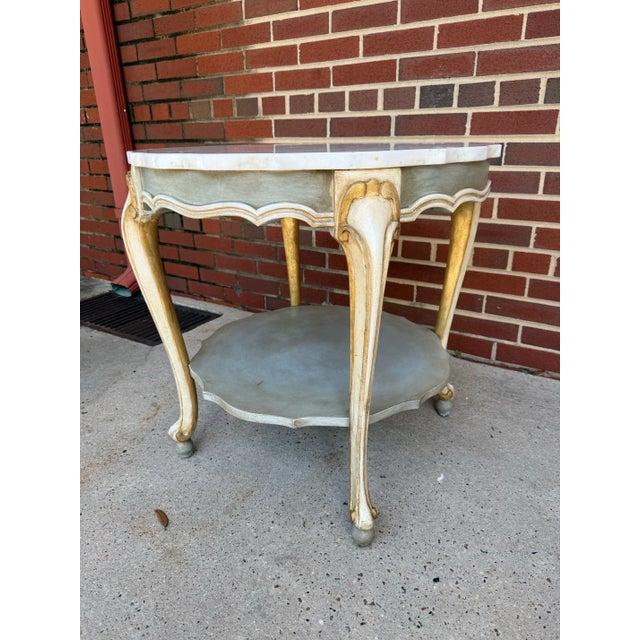Mid 20th Century Vintage Hand-Painted Pale Blue & Marble Newly Painted Two-Tier Accent Table by Turtle and Crane - Italian Rococo Style For Sale - Image 5 of 13