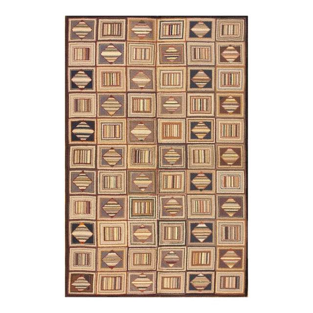 1960s Earth Tones Diamond Square Vintage American Hooked Rug 6' X 8'7" Knotted Pile Wool Carpet For Sale