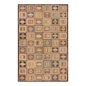 1960s Earth Tones Diamond Square Vintage American Hooked Rug 6' X 8'7" Knotted Pile Wool Carpet