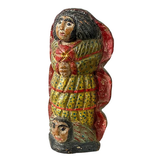 Vintage Folk Art Polychrome Carved Wood Santa Maria Santos Statue From Brazil For Sale