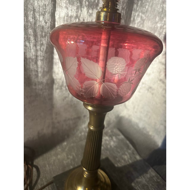 Antique Pink Cranberry Etched Glass Oil Lamp Converted to Electricity For Sale - Image 9 of 11