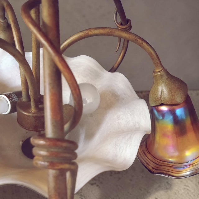 2000 - 2009 Art Nouveau Iridescent Glass Chandelier With Three Matching Sconces by Quoizel (Signed) For Sale - Image 5 of 14