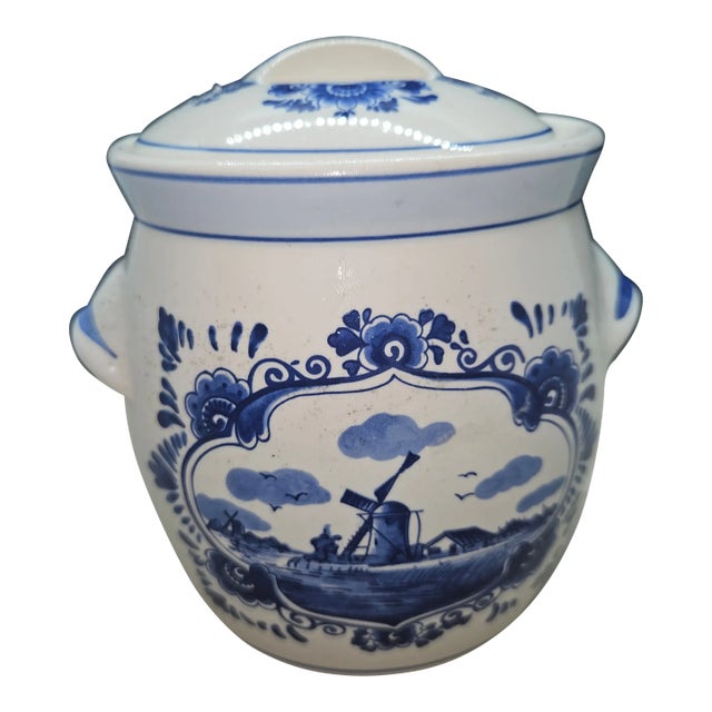 VTG Handpainted Delft Blue-Holland Jar Windmill With Lid 4.75” H For Sale