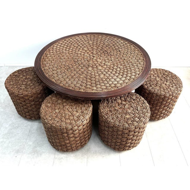 Rattan and Woven Cane Coffee Table and Stools in the style of Audoux Minet, France, 1950s, Set of 5 For Sale - Image 9 of 9