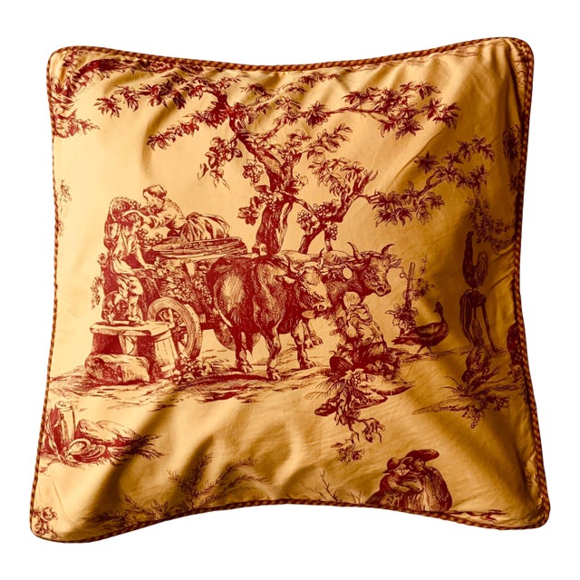 Toile De Jouy Throw Pillow Cover, Automne Pattern, Red and Gold, 20-Inch Square For Sale