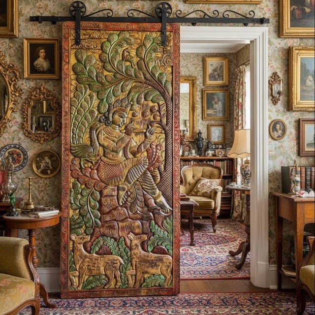 Fluting Krishna With Deer – Vintage Carved Wood Wall Art From Colorful Indian Door 83x36 For Sale In Orlando - Image 6 of 7