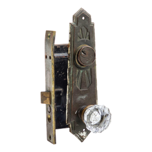 1920s Art Deco Yale & Towne Exterior Entry Door Lock Lockset With Pressed Glass Doorknob and Bronze Plate