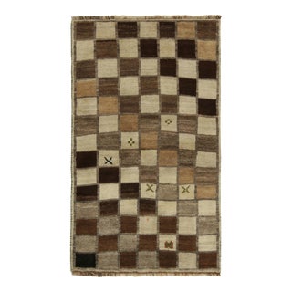 1960s Vintage Gabbeh Tribal Rug in Beige-Brown, White and Gray Square Patterns For Sale