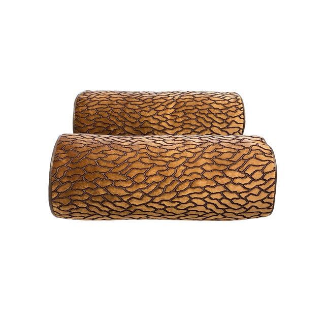 Textile Custom Pair of Bolster Pillows With Lush Patterned Velvet and Leather Trim For Sale - Image 7 of 11