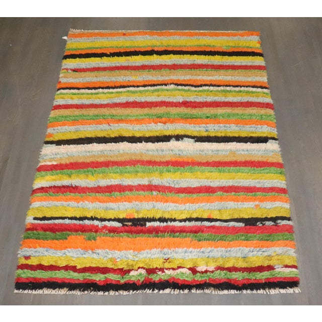 Folk Art Striped Vintage Zabihi Collection Turkish Tulu Carpet - 5'7" x 7'11" For Sale - Image 3 of 7