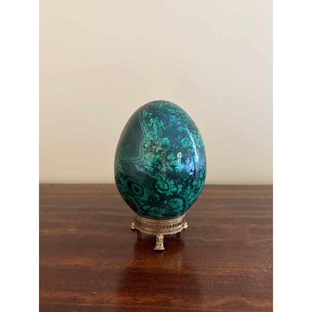 Large Solid Malachite Egg on Neoclassical Brass Stand With Paw Feet For Sale In South Bend - Image 6 of 10