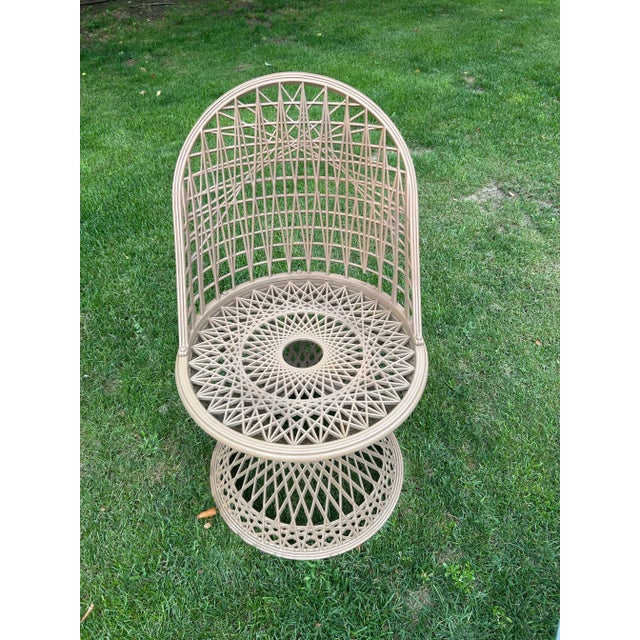 Russell Woodard 1970’s Vintage Russell Woodward Woven Spun Fiberglass Bistro Table and Glass Table Top & Pair of Matching Chairs, Patio Set, Attributed For Sale - Image 4 of 12