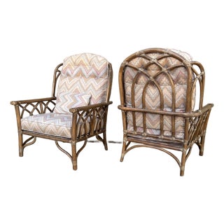 McGuire Pickled Finish Rattan Wing Back Lounge Club Chairs a Pair For Sale