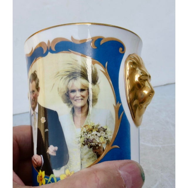 Commemorative beaker created by Caverswall celebrating the 2005 wedding of Prince Charles and Camilla Parker Bowles. Gold-...
